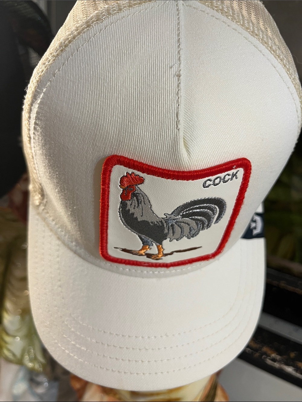 White Trucker Hat with Rooster Patch - Unbranded